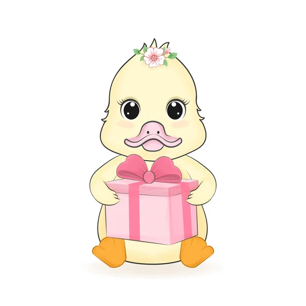 Niedliche Kleine Ente Mit Geschenkbox Cartoon Illustration — Stockvektor