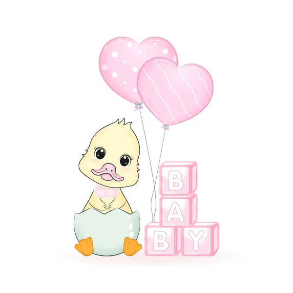 Cute Duck Baby Toy Box Heart Balloon Illustration — Stock Vector