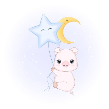 Şirin küçük domuz ve balonlar, çizgi film çizimleri.