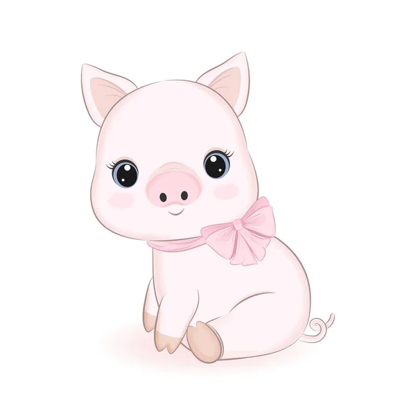 Cute Little Pig Sitting Cartoon Illustration — Stock Vector