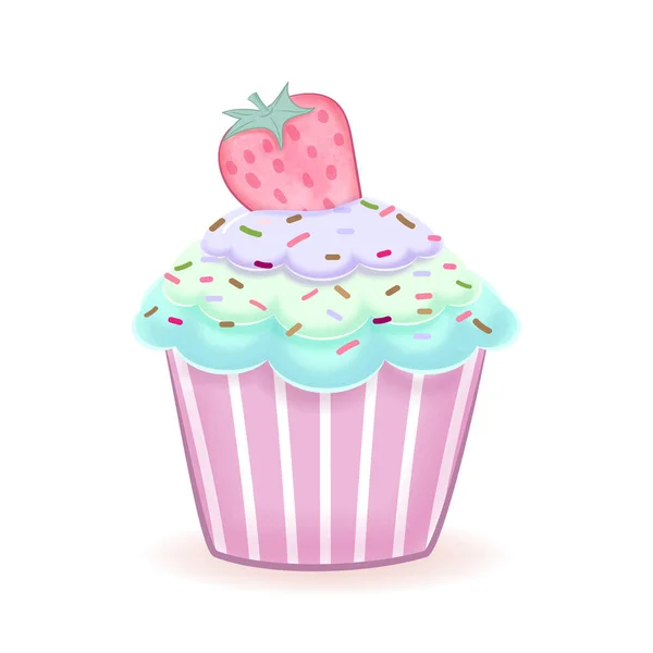 Cupcake Mit Erdbeere Aquarell Illustration — Stockvektor