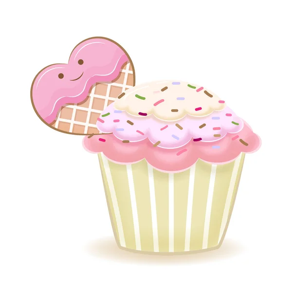 カップケーキとハートのウェーハクッキー水彩イラスト — ストックベクタ