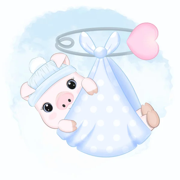 Mignon Cochon Nouveau Dormir Dans Une Illustration Couverture Bleue — Image vectorielle