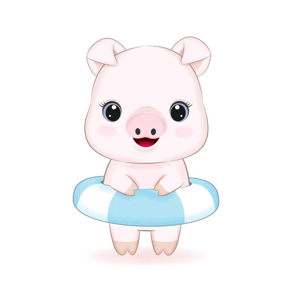 Cute Little Pig Надувным Резиновым Кольцом — стоковый вектор