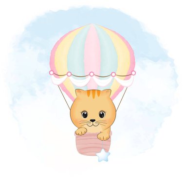 Gökyüzünde sıcak hava balonunda küçük şirin Portakal Kedi. Hayvan çizgi filmi çizimi.