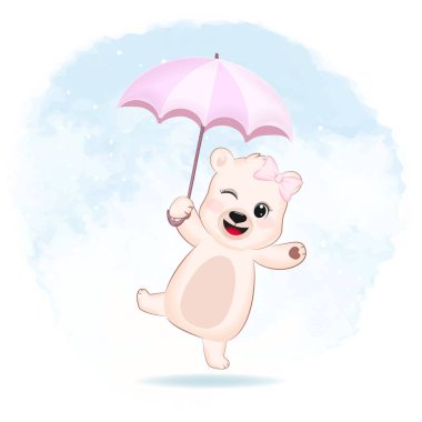 Cute little Bear holding an umbrella animal cartoon