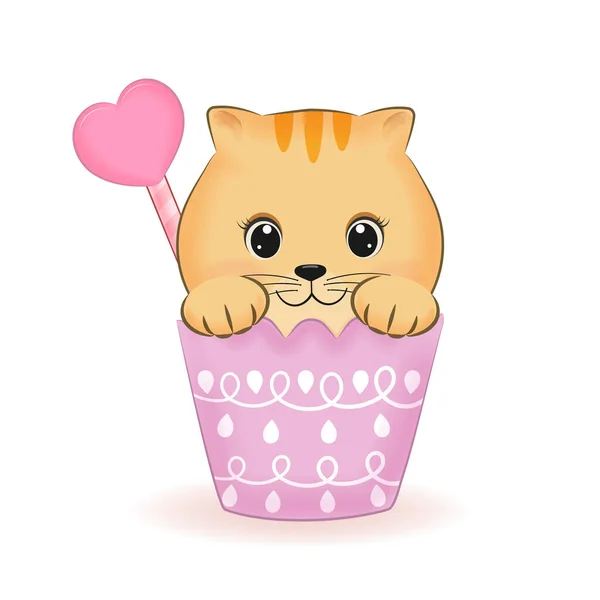 Cute Little Orange Cat Cup Cupcake Animal Cartoon Illustration — Vector de stock