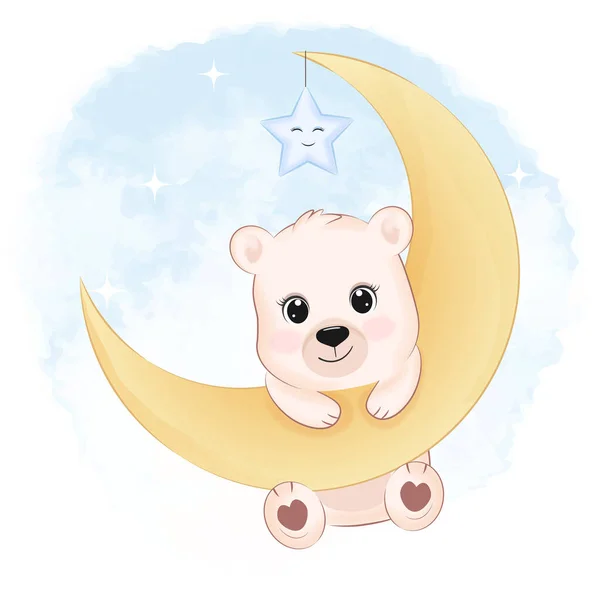 Mignon Petit Ours Sur Lune Animal Dessin Animé Illustration — Image vectorielle
