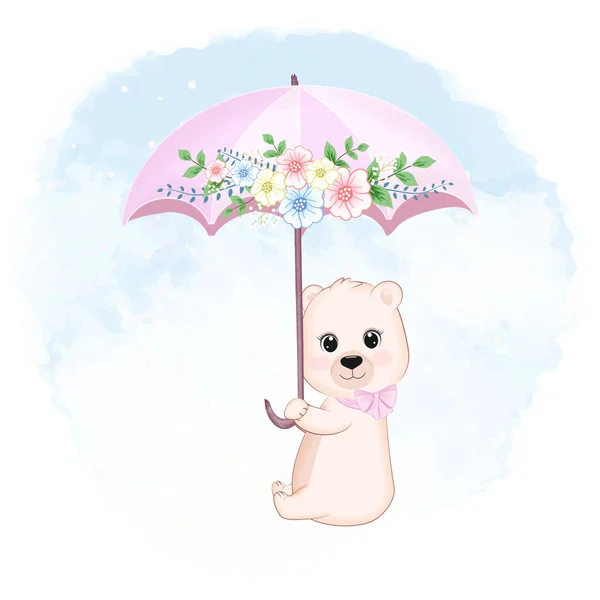 Cute Bear Gospodarstwa Parasol Bukietem Kwiatów — Wektor stockowy