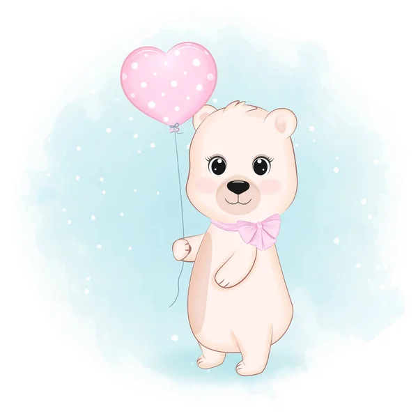 Mignon Petit Ours Avec Ballon Coeur Rose Illustration Dessin Animé — Image vectorielle