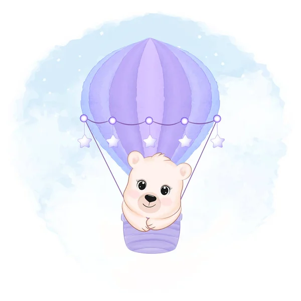 Mignon Petit Ours Montgolfière Sur Ciel Animal Dessin Animé Illustration — Image vectorielle