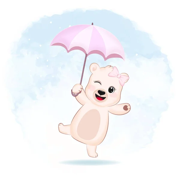 Cute Little Bear Holding Umbrella Animal Cartoon — Stock Vector