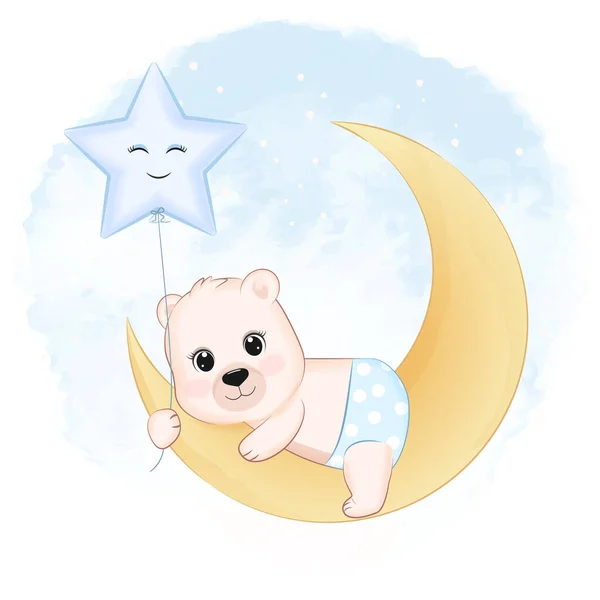 Carino Piccolo Orso Sulla Luna Animale Cartone Animato Illustrazione — Vettoriale Stock