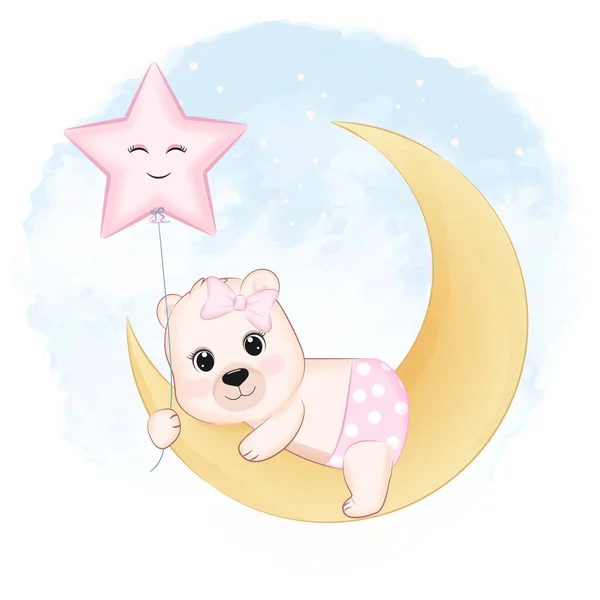 Cute Little Bear Moon Animal Cartoon Illustration — Vetor de Stock