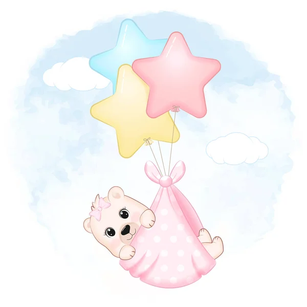 Carino Bambino Orso Con Palloncino Neonato Cartone Animato Illustrazione — Vettoriale Stock