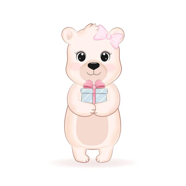 Cute Little Bear Holding Gift Box Cartoon Hand Drawn Illustration — Stockvektor