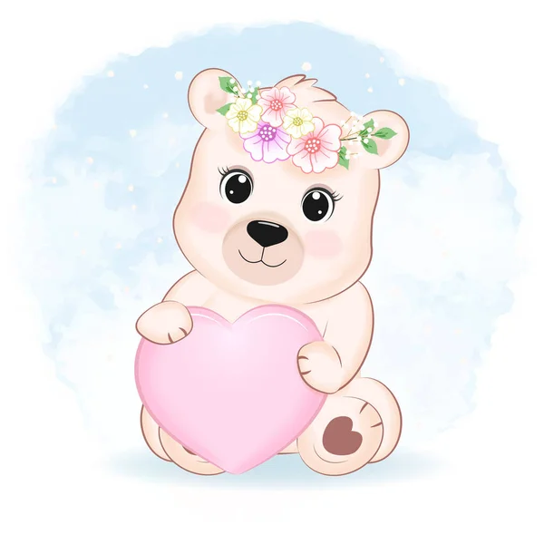 Bonito Oso Pequeño Con Corazón Rosa Ilustración Dibujos Animados Animales — Vector de stock