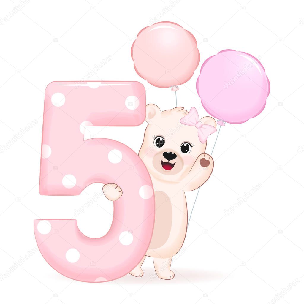 Cute Little Bear and balloon, Happy Birthday 5 years old