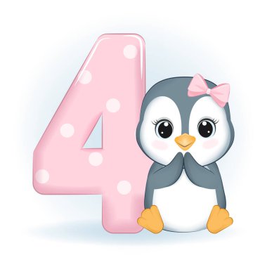 Sevimli küçük penguen ve 4 numara, 4 yaşında mutlu yıllar.