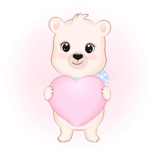 Urso Pequeno Bonito Com Coração Rosa Ilustração Desenho Animado Animal — Vetor de Stock