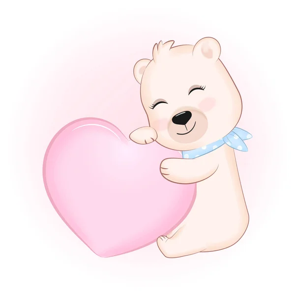 Cute Little Bear Pink Heart Animal Cartoon Illustration — Vector de stock
