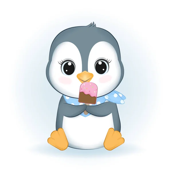 Маленький Пінгвін Малюнком Про Морозиво — стоковий вектор
