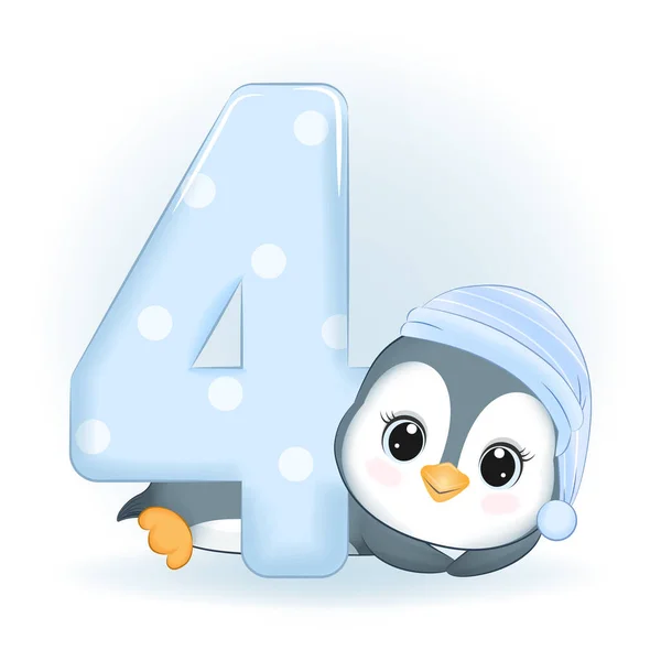 Pinguim Pequeno Bonito Número Feliz Aniversário Anos —  Vetores de Stock