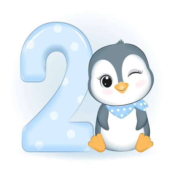 Carino Piccolo Pinguino Numero Buon Compleanno Anni — Vettoriale Stock