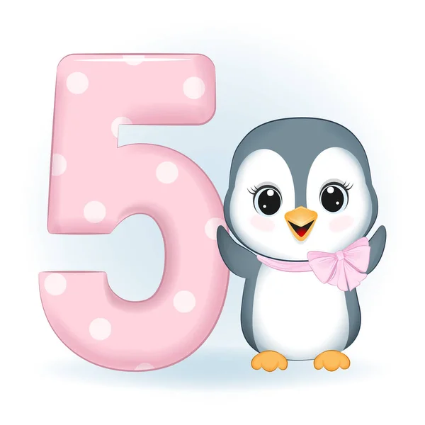 Cute Little Penguin Number Happy Birthday Years Old — Stock Vector