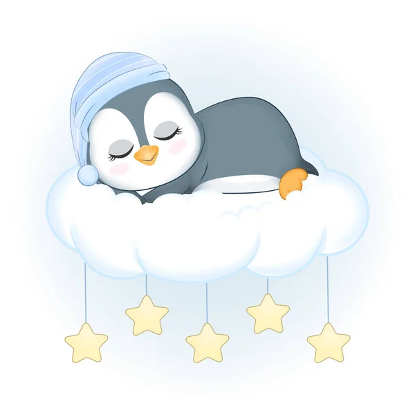 Carino Piccolo Pinguino Dormire Sulla Nuvola — Vettoriale Stock