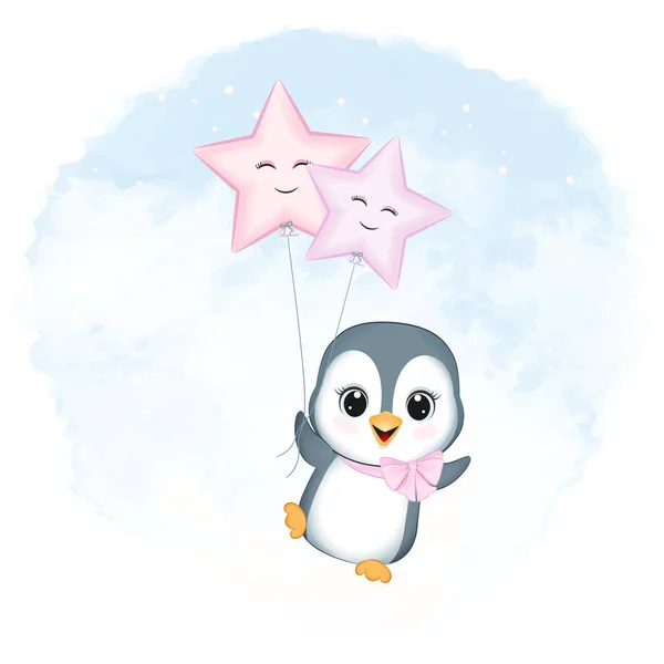 Niedliche Kleine Pinguin Und Luftballon Illustration — Stockvektor