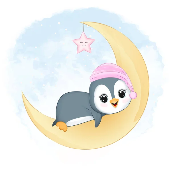 Mignon Petit Pingouin Sur Lune Illustration Dessin Animé Animal — Image vectorielle