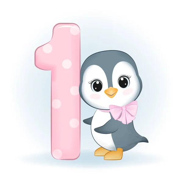 可爱的小企鹅和1号 1岁生日快乐 矢量图形