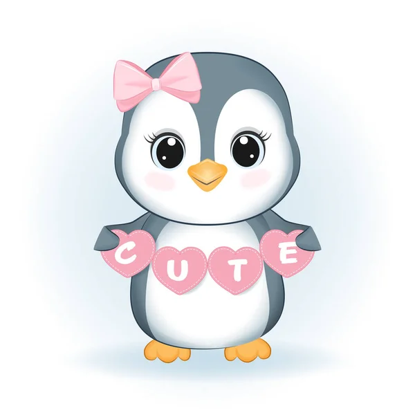 Roztomilý Malý Tučňák Růžové Srdce Stock Ilustrace