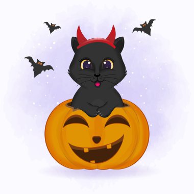 Black cat with pumpkin hand drawn cartoon animal Halloween illustration