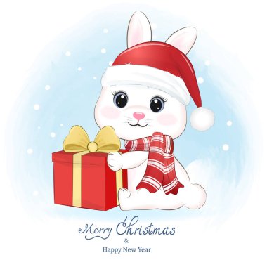 Little Rabbit and Gift box. Christmas season illustration