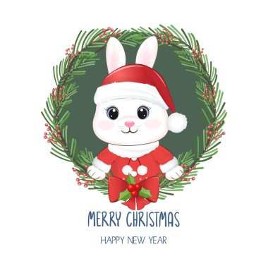 Little Rabbit and Christmas wreath. Christmas and New Year illustration