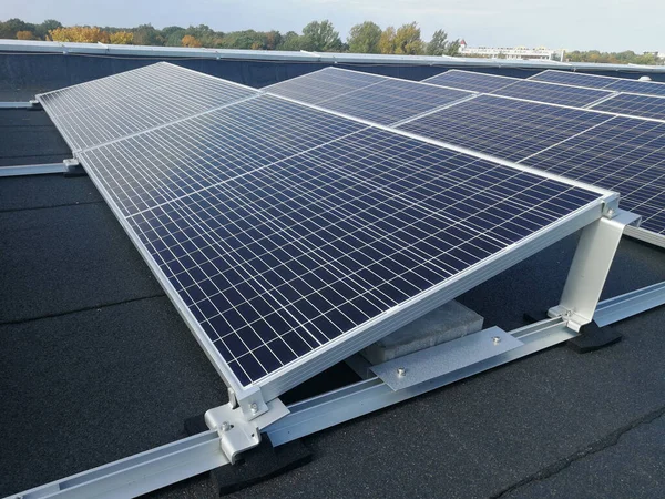Dark blue solar battery panel for ecological power generation. Renewable energy concept