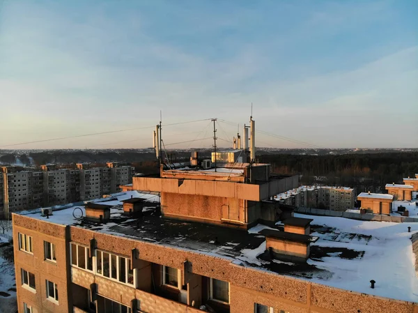 Aerial View Gsm Telecommunications Antennas Roof Urban Multistory Building — Stock Fotó