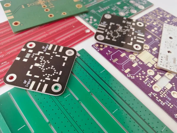 Various Multicolor Electronics Printed Circuit Board Radio Frequency Projects — 图库照片