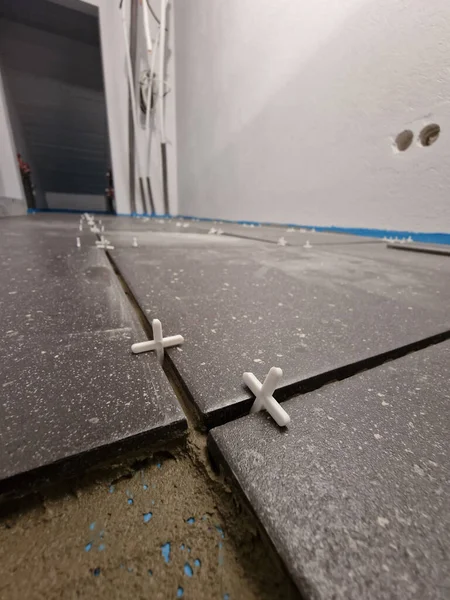 Tiles Laying Progress Individual House Bathroom — Stock Photo, Image