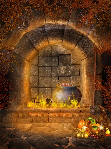 Fantasy fireplace with bats — Stock Photo, Image