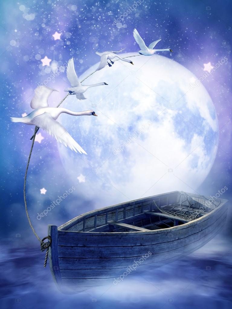 Fantasy boat with swans