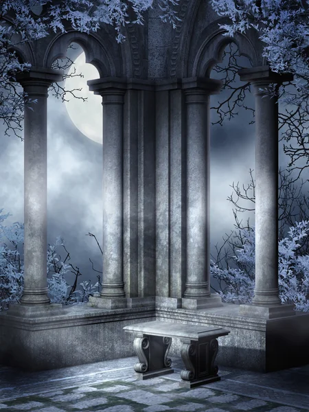 Gothic ruins with a bench — Stock Photo, Image