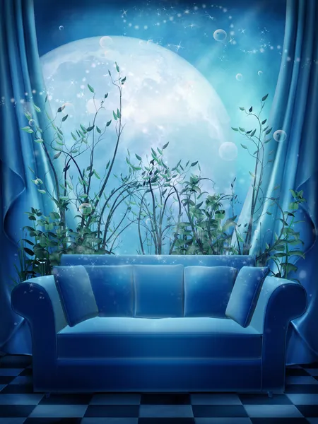 有一个沙发一道蓝色的风景 — 图库照片