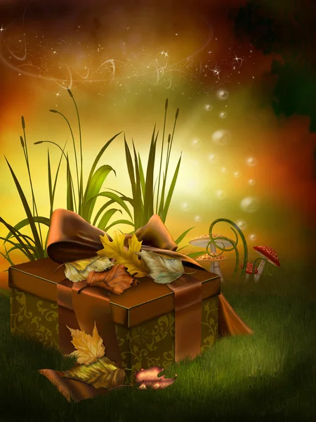Autumnal box with ribbons — Stock Photo, Image