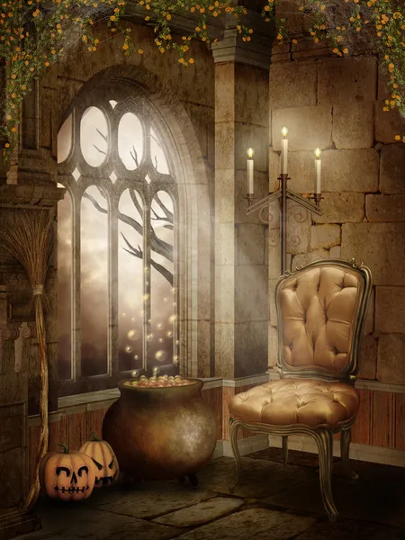 Castle room with Halloween decorations — Stock Photo, Image