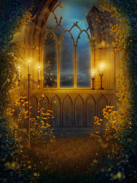 Old ruined window with candles and colorful vines