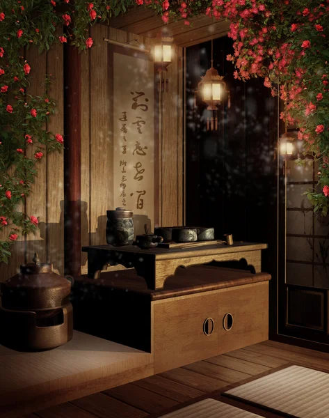 Orientaliska teahouse med rosor — Stockfoto