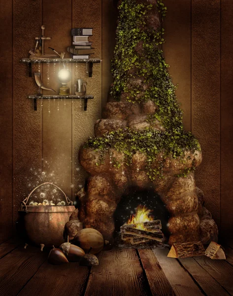 Fairytale room with a fireplace — Stock Photo, Image